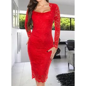 Elegáns piros csipkés alkalmi midiruha (18405)