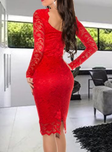 Elegáns piros csipkés alkalmi midiruha (18405)