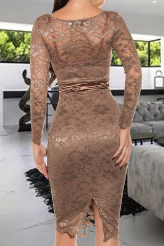 Hosszú ujjú cappuccino alkalmi csipke midiruha (18408)