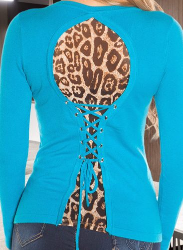 Hátán leopárdos fűzős türkiz felső (KO-303)