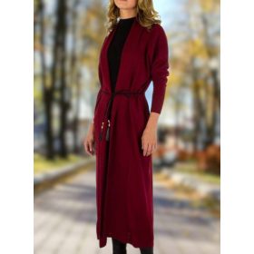 Elegáns hosszú bordó kardigán övvel