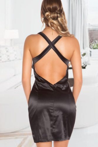 EXKLUZÍV fekete nyitott hátú szatén alkalmi ruha / party ruha 