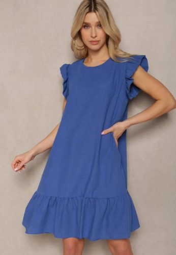 Fodros vállú A vonalú lenge kék midiruha