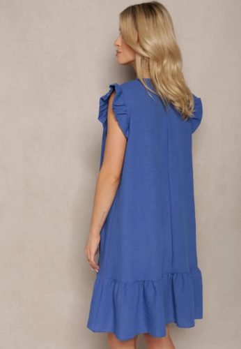 Fodros vállú A vonalú lenge kék midiruha