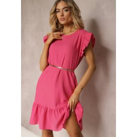 Fodros vállú A vonalú lenge pink midiruha