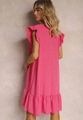 Fodros vállú A vonalú lenge pink midiruha