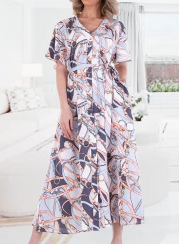 Mintás lezser elegáns gombos zsebes maxiruha