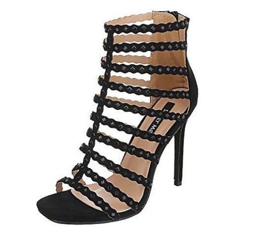 Fekete szegecses magas sarkú sok pántos szandál (112-04)