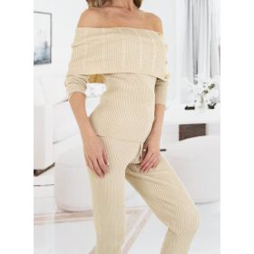   Trendi kényelmes 2 részes bézs kötött szett gombos díszítéssel