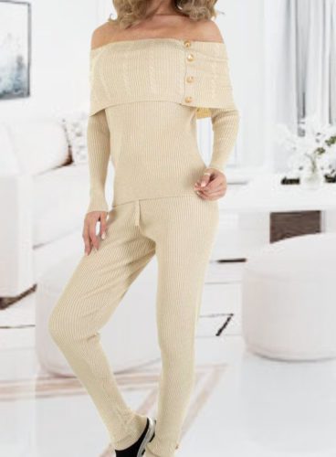 Trendi kényelmes 2 részes bézs kötött szett gombos díszítéssel