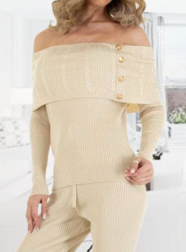 Trendi kényelmes 2 részes bézs kötött szett gombos díszítéssel