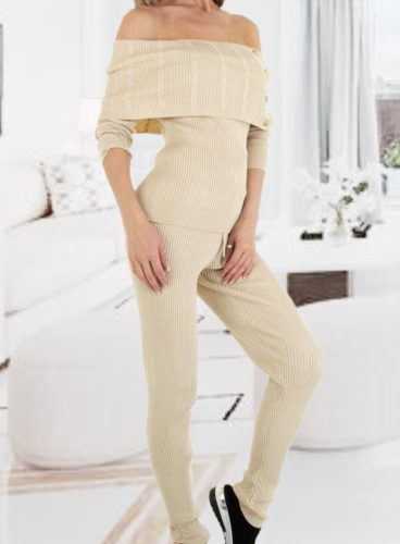 Trendi kényelmes 2 részes bézs kötött szett gombos díszítéssel