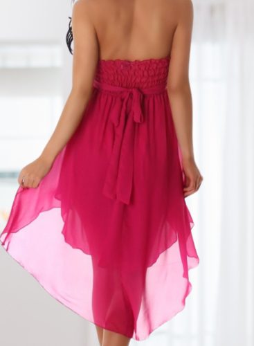 Lenge pink színű pánt nélküli aszimmetrikus miniruha