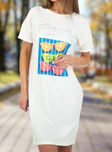 Rövid ujjú basic mintás fehér pólóruha /tunika