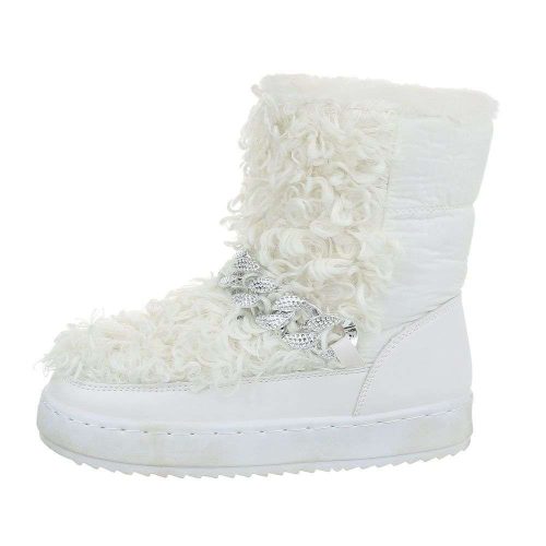 Fehér szőrmés hótaposó csizma strasszos lánccal (20-589)