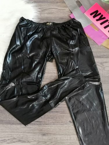 Fekete extra csípő fazonú latex nedves hatású leggings / cicanadrág