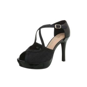   Fekete kényelmes magas sarkú szandál strasszos pántokkal (2260)