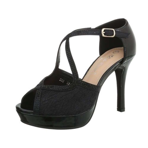 Fekete kényelmes magas sarkú szandál strasszos pántokkal (2260)