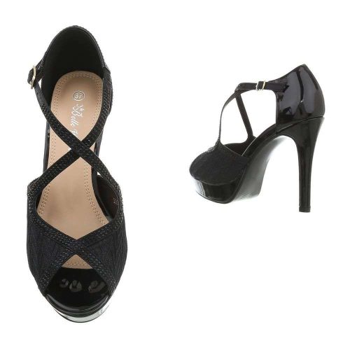 Fekete kényelmes magas sarkú szandál strasszos pántokkal (2260)