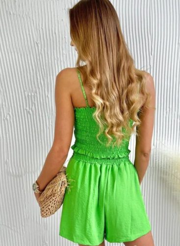 Zöld gumírozott variálható lenge vállpántos szett crop top+ short