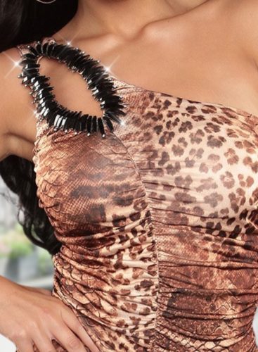 Különleges húzott leopárd mintás félvállas miniruha kagyló díszítéssel