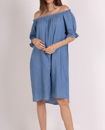 Plus size ejtett vállú ujján fodros lenge (kismama) farmer ruha