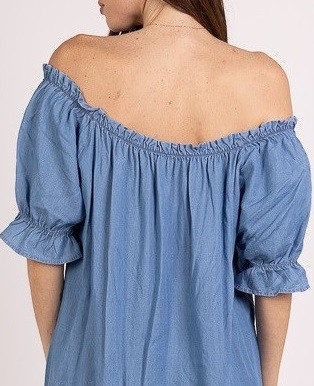 Plus size ejtett vállú ujján fodros lenge (kismama) farmer ruha