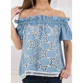 Lezser ejtett fodros vállú farmer blúz