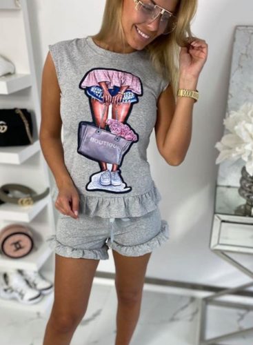 Fodros mintás2 részes szürke short+póló szett