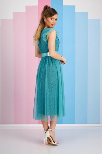 Exkluzív csipkés fodros vállú tüll alkalmi ruha menta színben