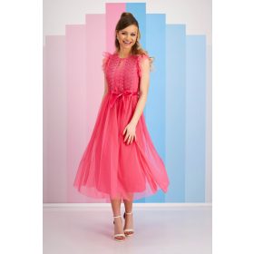   Exkluzív csipkés fodros vállú tüll alkalmi ruha pink színben