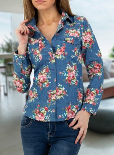 Virág mintás hosszú ujjú farmer blúz