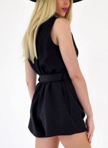 Elegáns ujjatlan fekete galléros short overál övvel