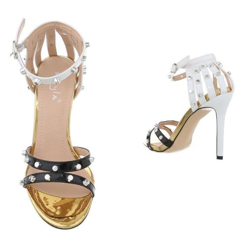 Fekete-fehér kényelmes magas sarkú szandál szegecses pántokkal (AF-43)