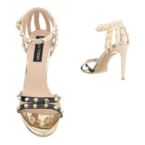 Fekete-bézs kényelmes magas sarkú szandál szegecses pántokkal (AJ-555)