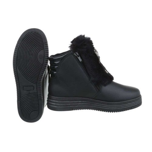 Fekete szőrmés-strasszos magasított szárú sneaker / sportcipő / bokacsizma (an210)