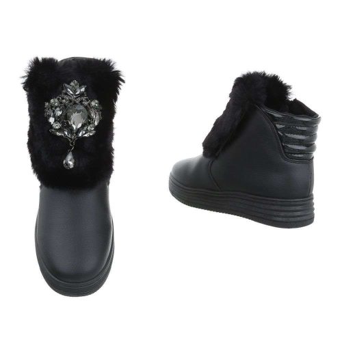 Fekete szőrmés-strasszos magasított szárú sneaker / sportcipő / bokacsizma (an210)