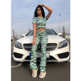   Szexi 2 részes nyomott mintás zöld szett - crop felső+nadrág