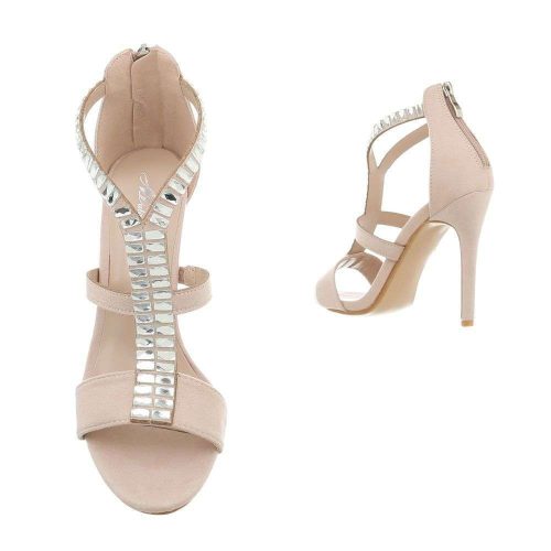 Szexi bézs magas sarkú szandál XL strasszkövekkel (B-60)