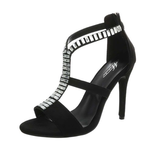 Szexi fekete magas sarkú szandál XL strasszkövekkel (B-60)