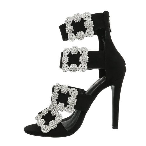 Exkluzív fekete magas sarkú szandál strasszos csatokkal (BY002)
