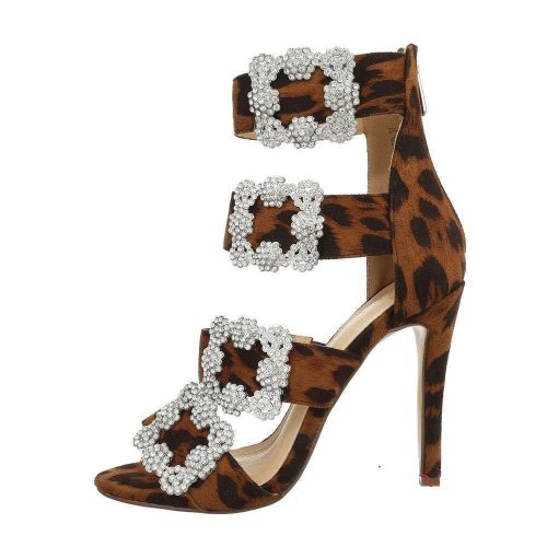 Exkluzív leopárd mintás magas sarkú szandál strasszos csatokkal (BY002)