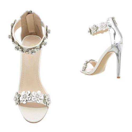 Elegáns ezüst színű magas sarkú szandál strasszos virág díszítéssel (BY2004)