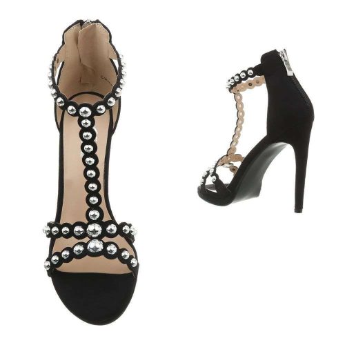 Fekete kényelmes magas sarkú szandál szegecses pántokkal (C-236)