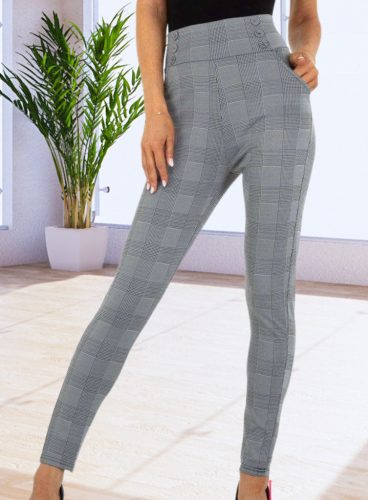 Alakformáló szürke kockás magas derekú nadrág