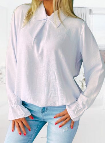 Ujján derekán gumírozott elegáns galléros fehér blúz