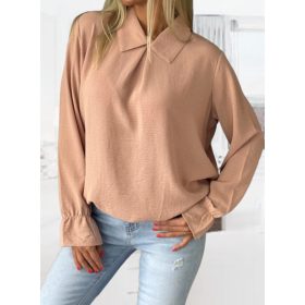   Ujján derekán gumírozott elegáns galléros rózsaszín blúz