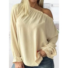 Ujján vállán gumírozott elegáns lenge bézs blúz