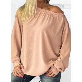 Ujján vállán gumírozott elegáns lenge rózsaszín blúz