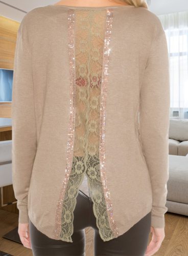 Hátán csipke betétes strasszos cappuccino pulcsi / felső